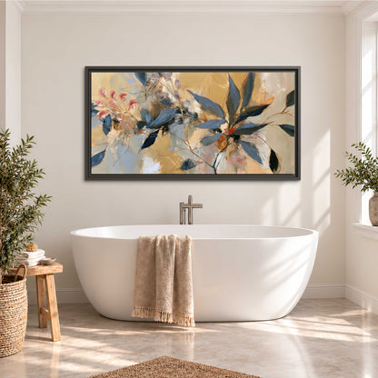 Layered navy leaves and muted pink blossoms against a golden cream background single framed canvas wall art styled in an interior