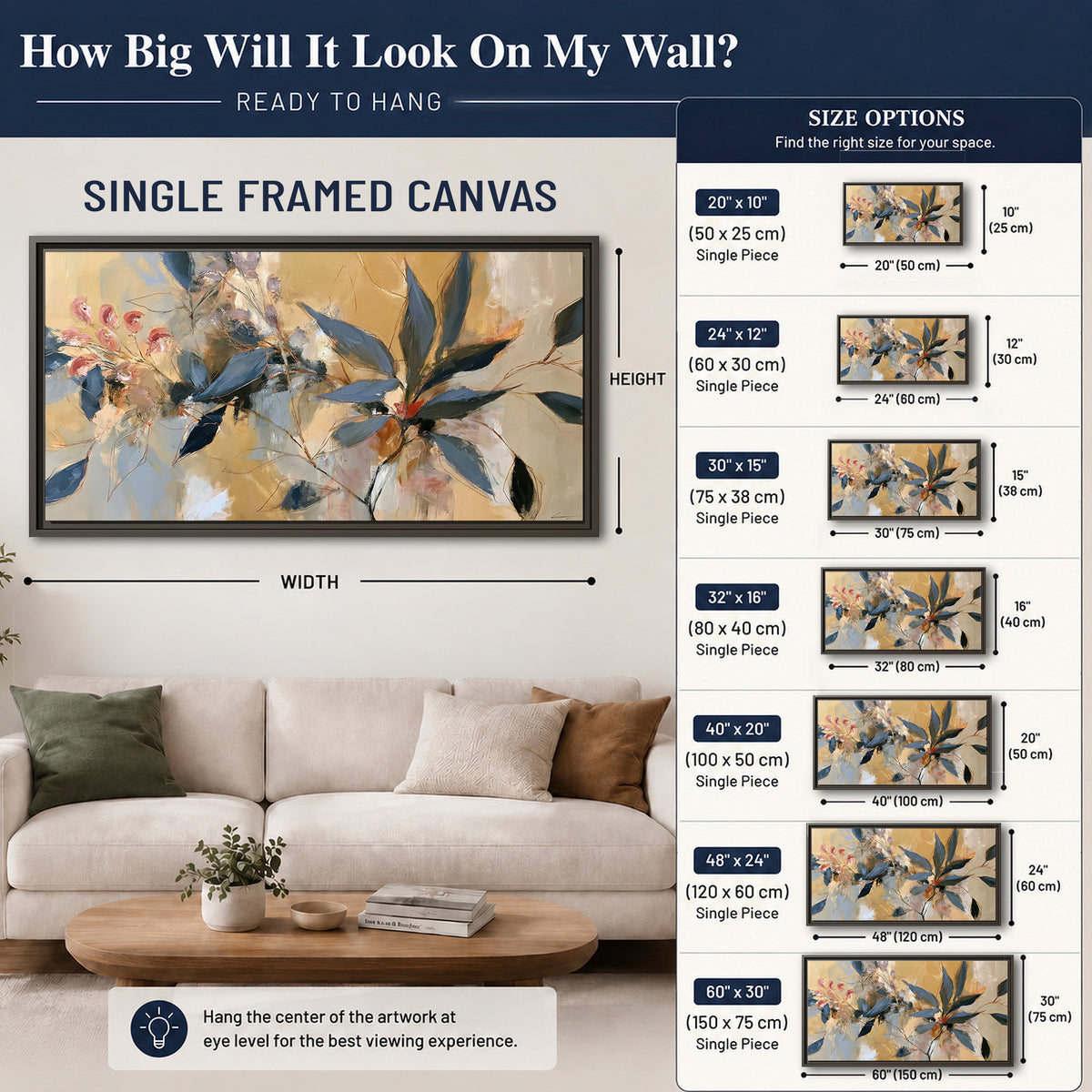 Layered navy leaves and muted pink blossoms against a golden cream background single framed canvas wall art size guide above a sofa; room view is illustrative