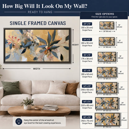 Layered navy leaves and muted pink blossoms against a golden cream background single framed canvas wall art size guide above a sofa; room view is illustrative