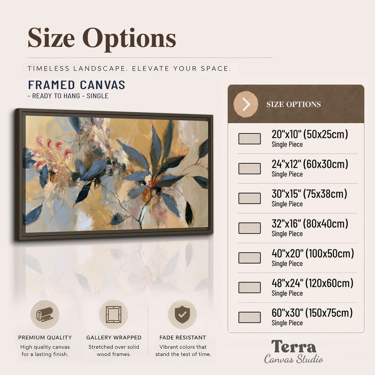 Layered navy leaves and muted pink blossoms against a golden cream background single framed canvas wall art available dimensions