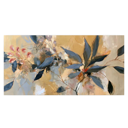 Layered navy leaves and muted pink blossoms against a golden cream background single poster print viewed straight on
