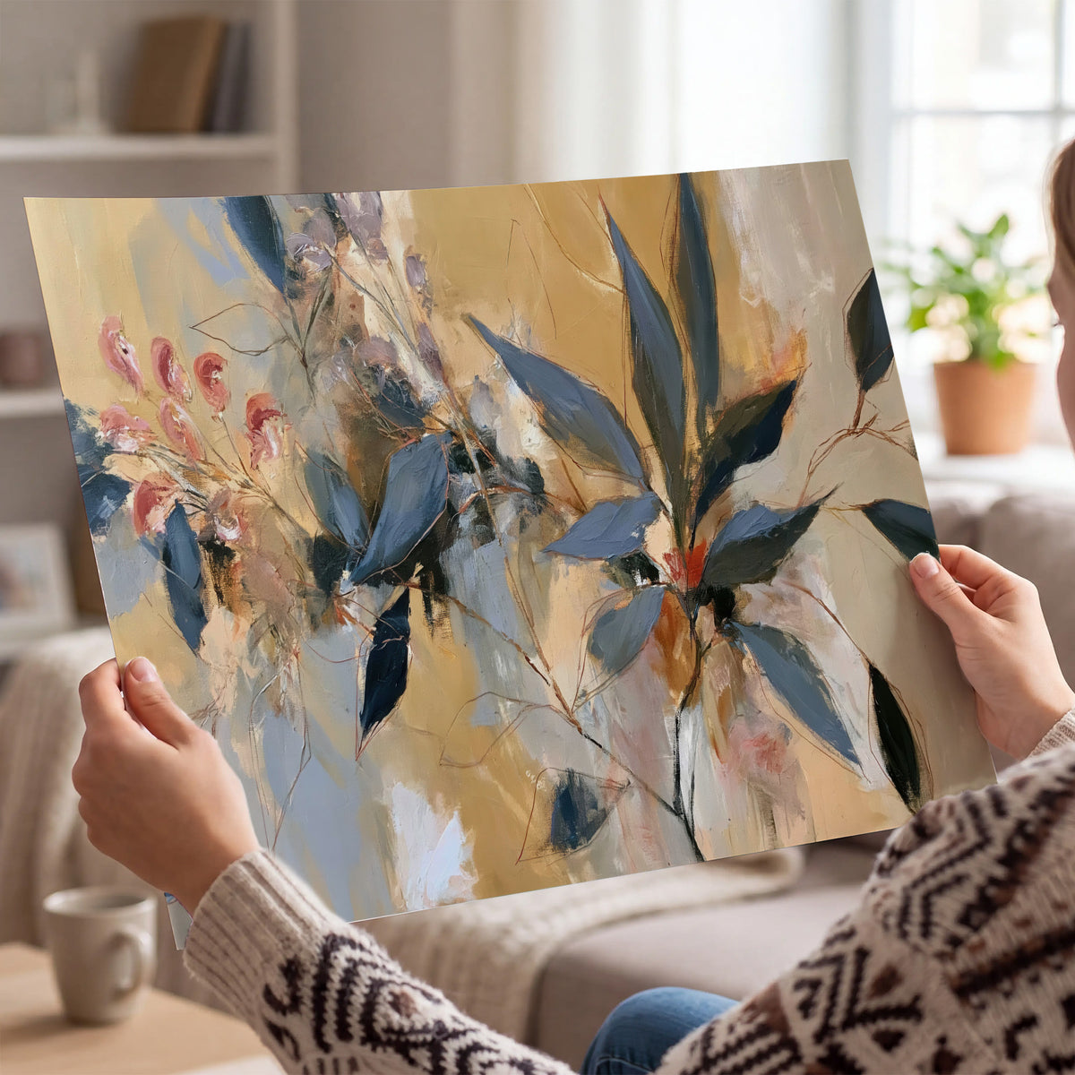 Layered navy leaves and muted pink blossoms against a golden cream background single poster print held in hands