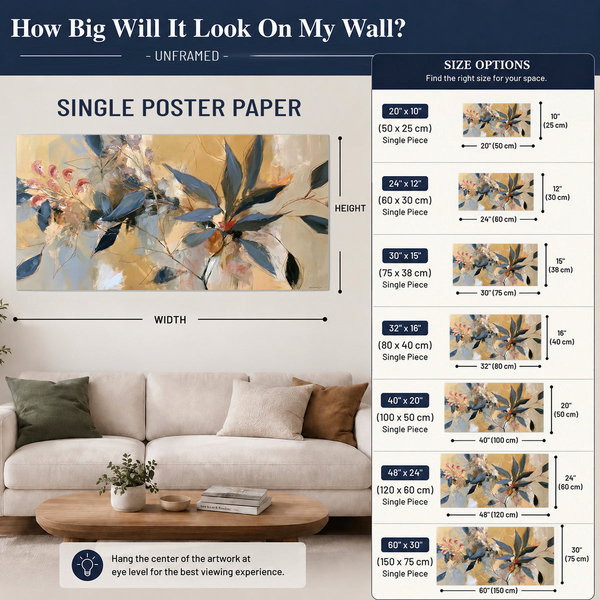 Layered navy leaves and muted pink blossoms against a golden cream background single poster print size guide above a sofa; room view is illustrative