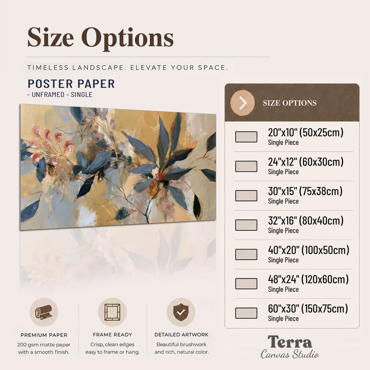 Layered navy leaves and muted pink blossoms against a golden cream background single poster print available dimensions