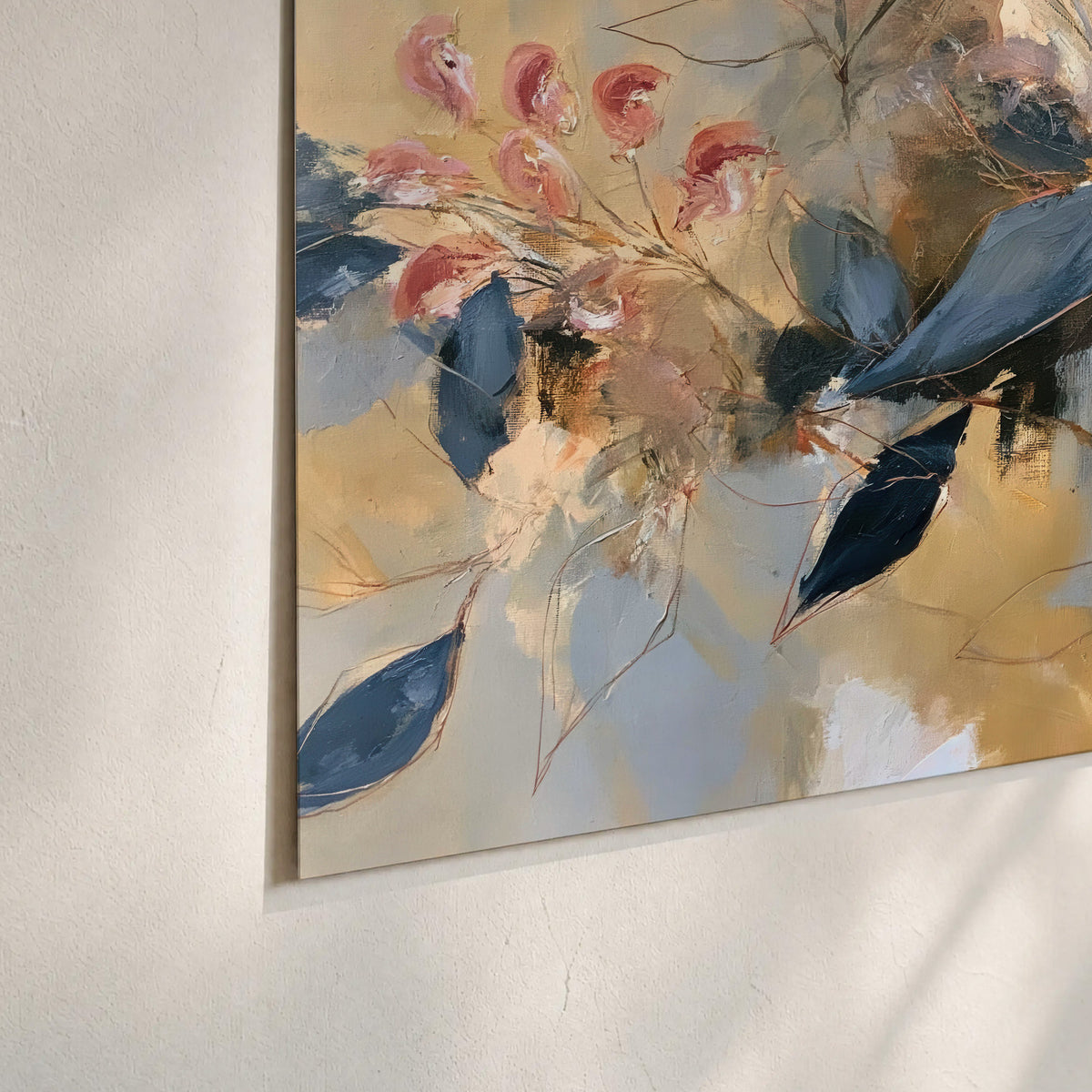 Layered navy leaves and muted pink blossoms against a golden cream background set of 3 poster prints material and edge close up