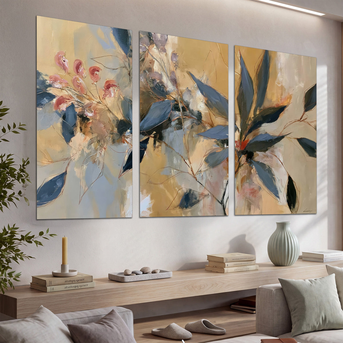 Layered navy leaves and muted pink blossoms against a golden cream background set of 3 poster prints displayed in a console