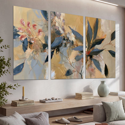 Layered navy leaves and muted pink blossoms against a golden cream background set of 3 poster prints displayed in a console