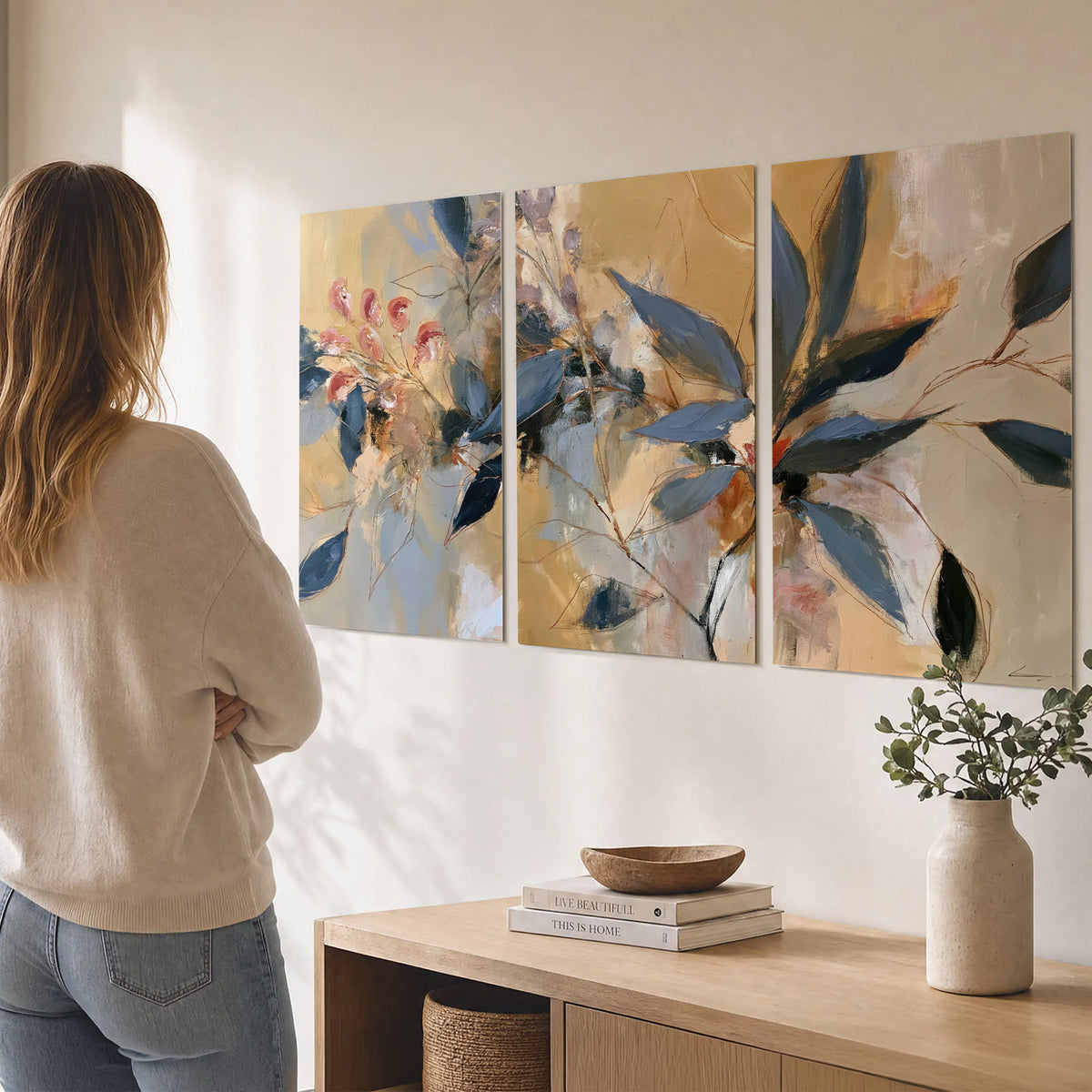 Layered navy leaves and muted pink blossoms against a golden cream background set of 3 poster prints three panel arrangement on a wall