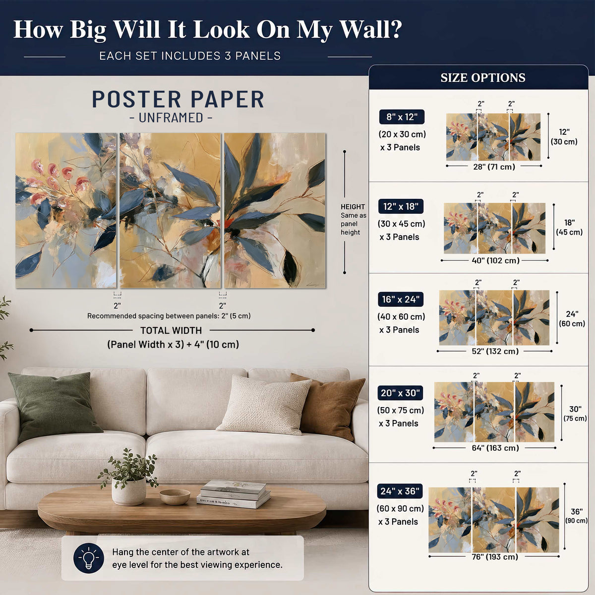 Layered navy leaves and muted pink blossoms against a golden cream background set of 3 poster prints size guide above a sofa; room view is illustrative