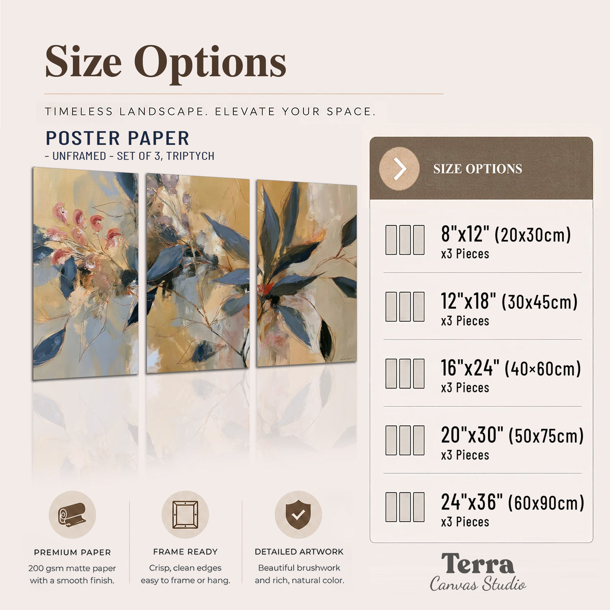Layered navy leaves and muted pink blossoms against a golden cream background set of 3 poster prints available dimensions; triptych dimensions are per panel