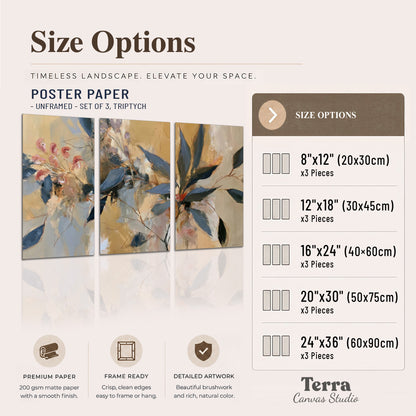 Layered navy leaves and muted pink blossoms against a golden cream background set of 3 poster prints available dimensions; triptych dimensions are per panel