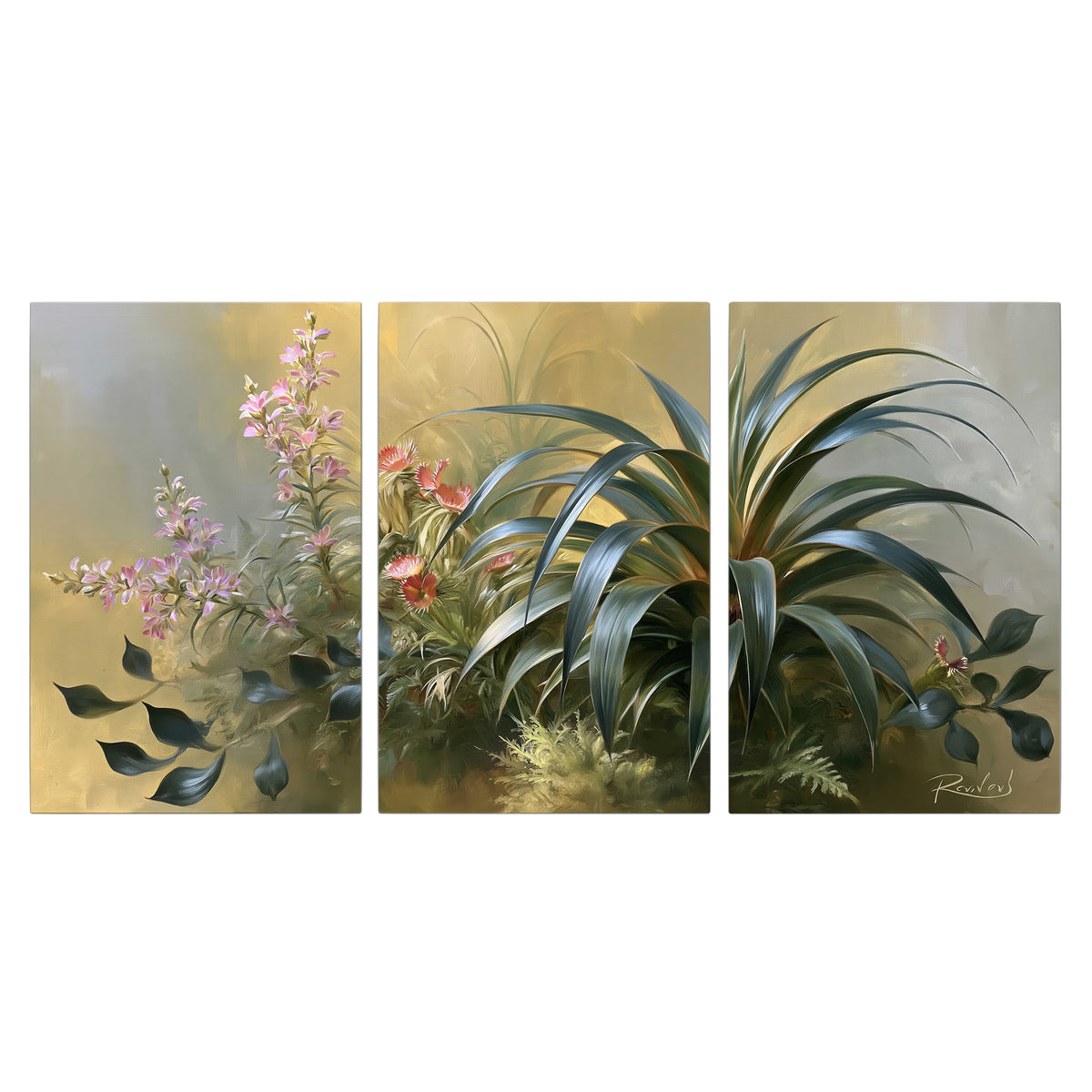 Arching green leaves beside delicate pink garden flowers in soft warm light 3 piece canvas wall art viewed straight on