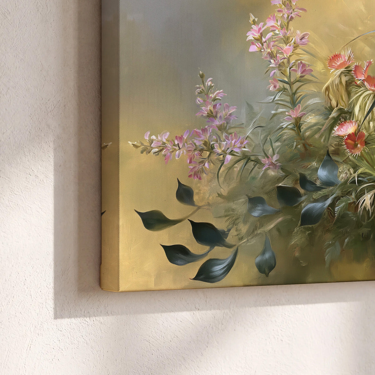 Arching green leaves beside delicate pink garden flowers in soft warm light 3 piece canvas wall art material and edge close up