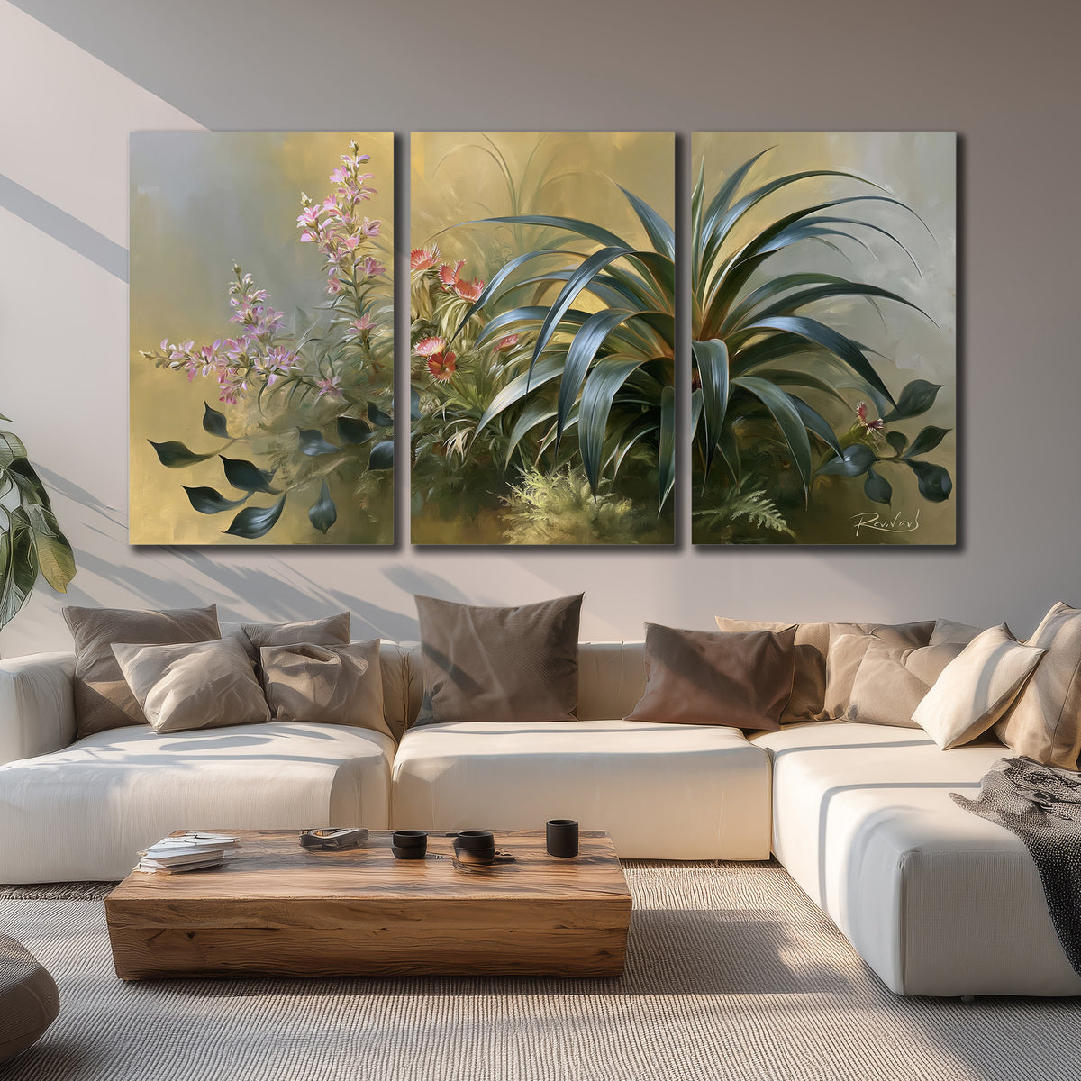 Arching green leaves beside delicate pink garden flowers in soft warm light 3 piece canvas wall art displayed in a living room