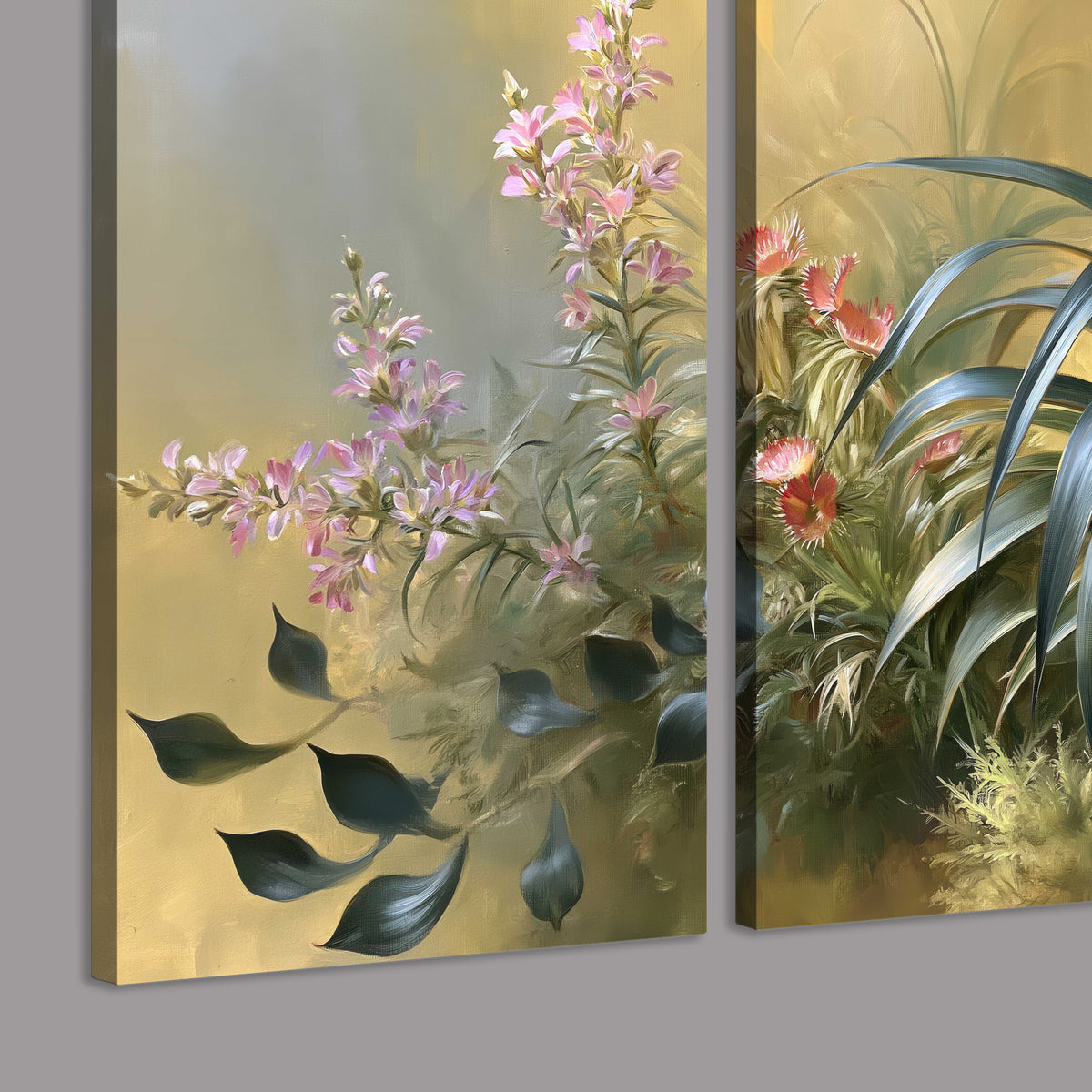 Arching green leaves beside delicate pink garden flowers in soft warm light 3 piece canvas wall art room and product view