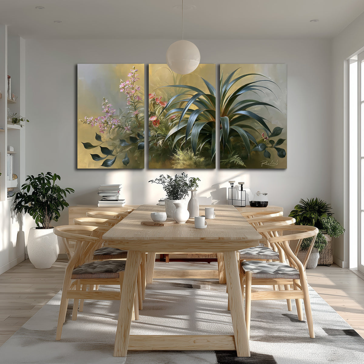 Arching green leaves beside delicate pink garden flowers in soft warm light 3 piece canvas wall art room and product view