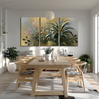 Arching green leaves beside delicate pink garden flowers in soft warm light 3 piece canvas wall art room and product view