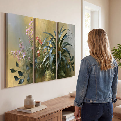 Arching green leaves beside delicate pink garden flowers in soft warm light 3 piece canvas wall art three panel arrangement on a wall