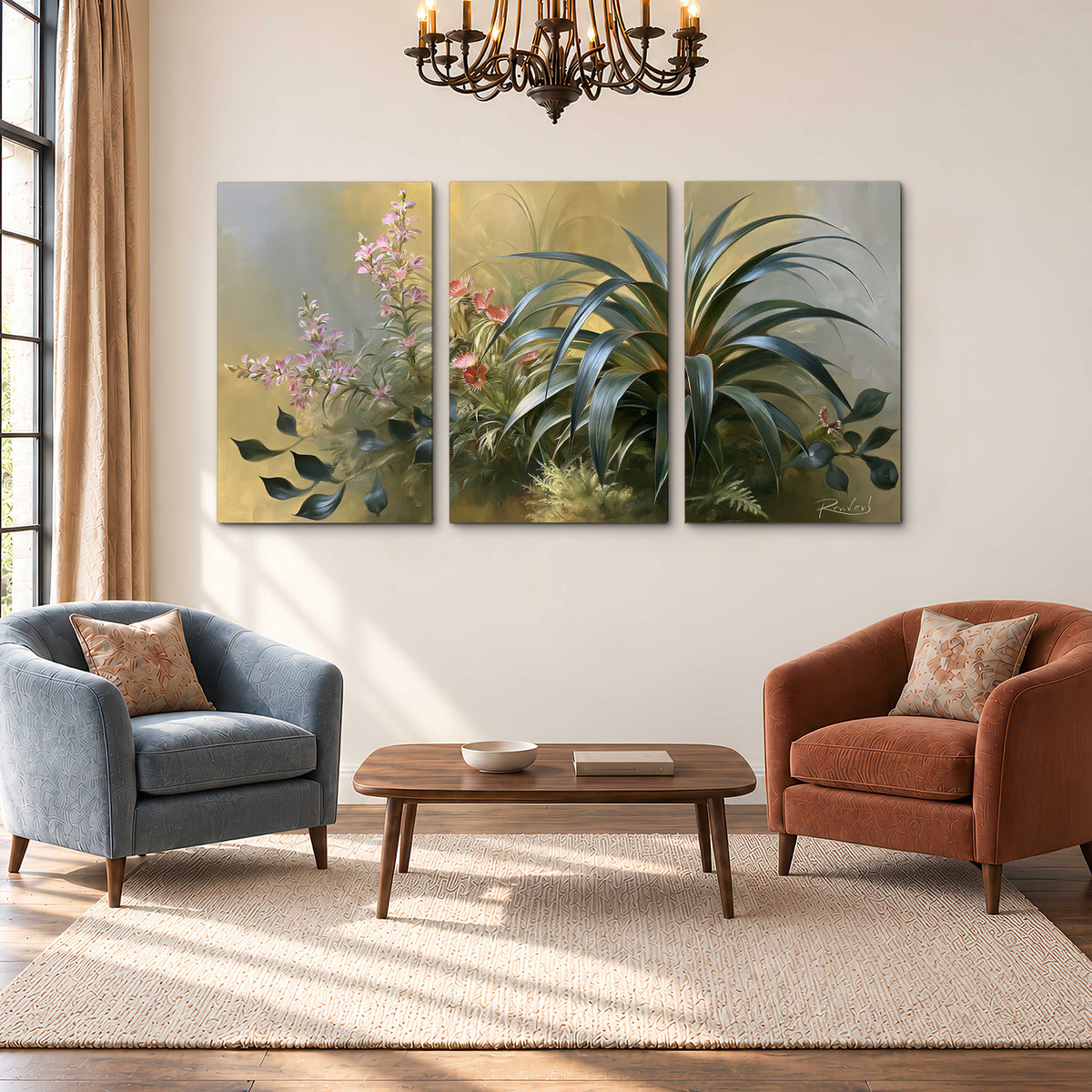 Arching green leaves beside delicate pink garden flowers in soft warm light 3 piece canvas wall art styled in an interior