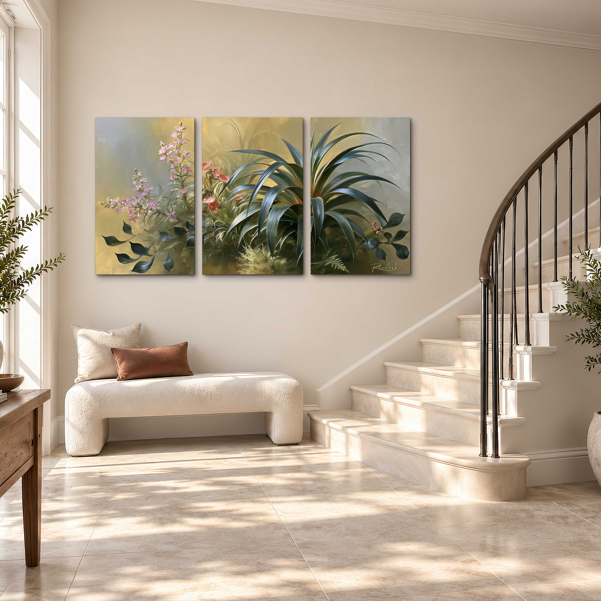 Arching green leaves beside delicate pink garden flowers in soft warm light 3 piece canvas wall art styled in an interior