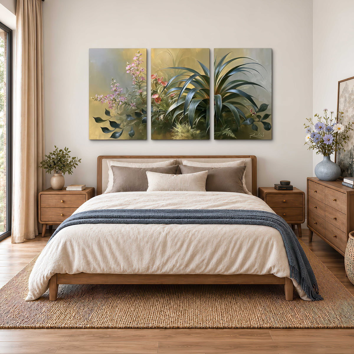 Arching green leaves beside delicate pink garden flowers in soft warm light 3 piece canvas wall art styled in an interior