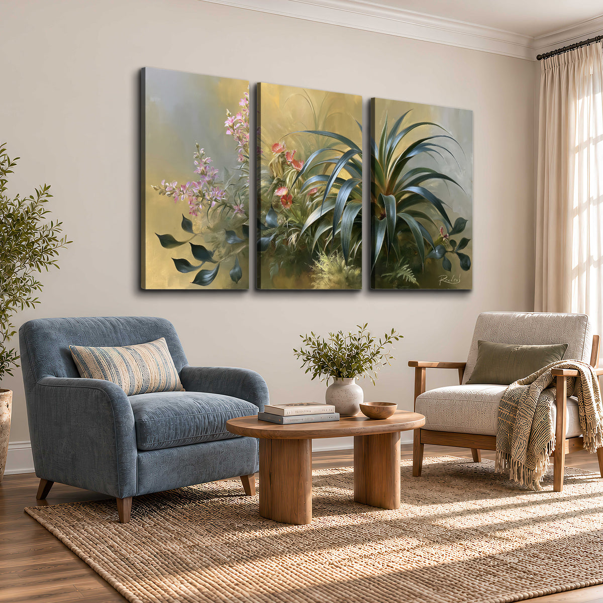 Arching green leaves beside delicate pink garden flowers in soft warm light 3 piece canvas wall art styled in an interior