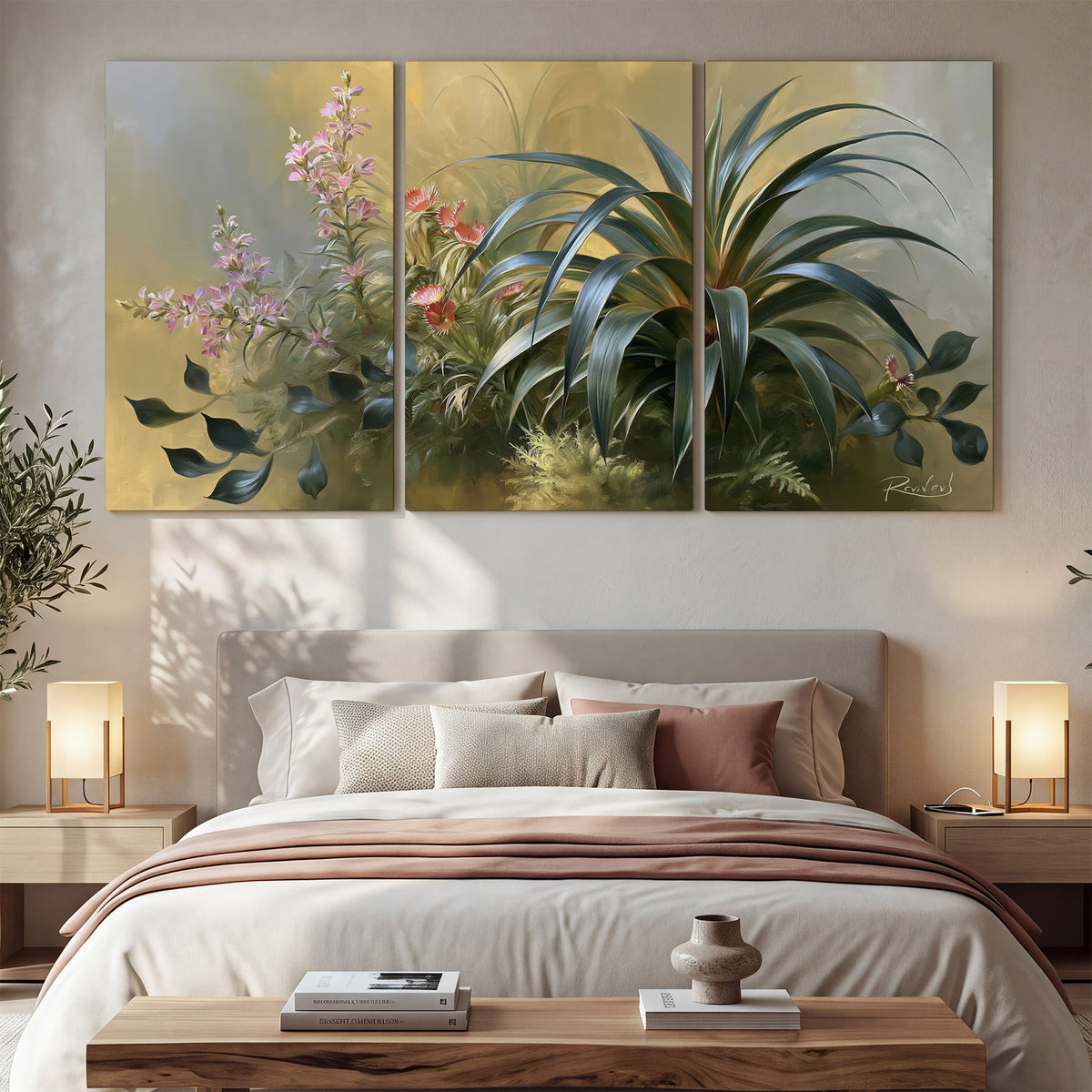 Arching green leaves beside delicate pink garden flowers in soft warm light 3 piece canvas wall art displayed in a bedroom