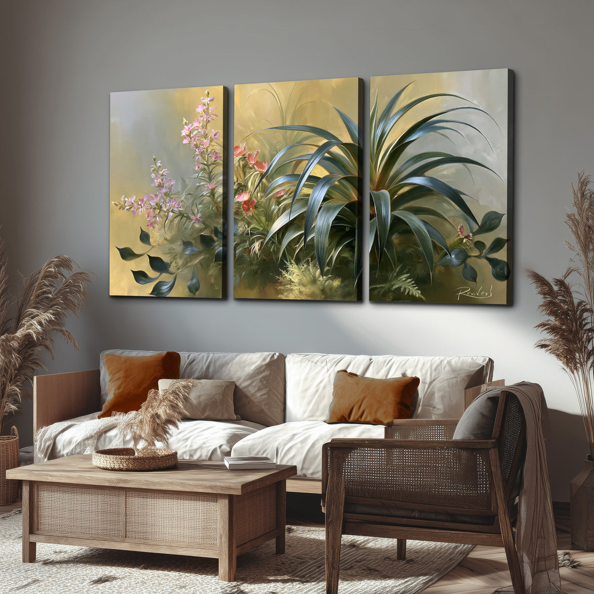 Arching green leaves beside delicate pink garden flowers in soft warm light 3 piece canvas wall art displayed in a rustic living room