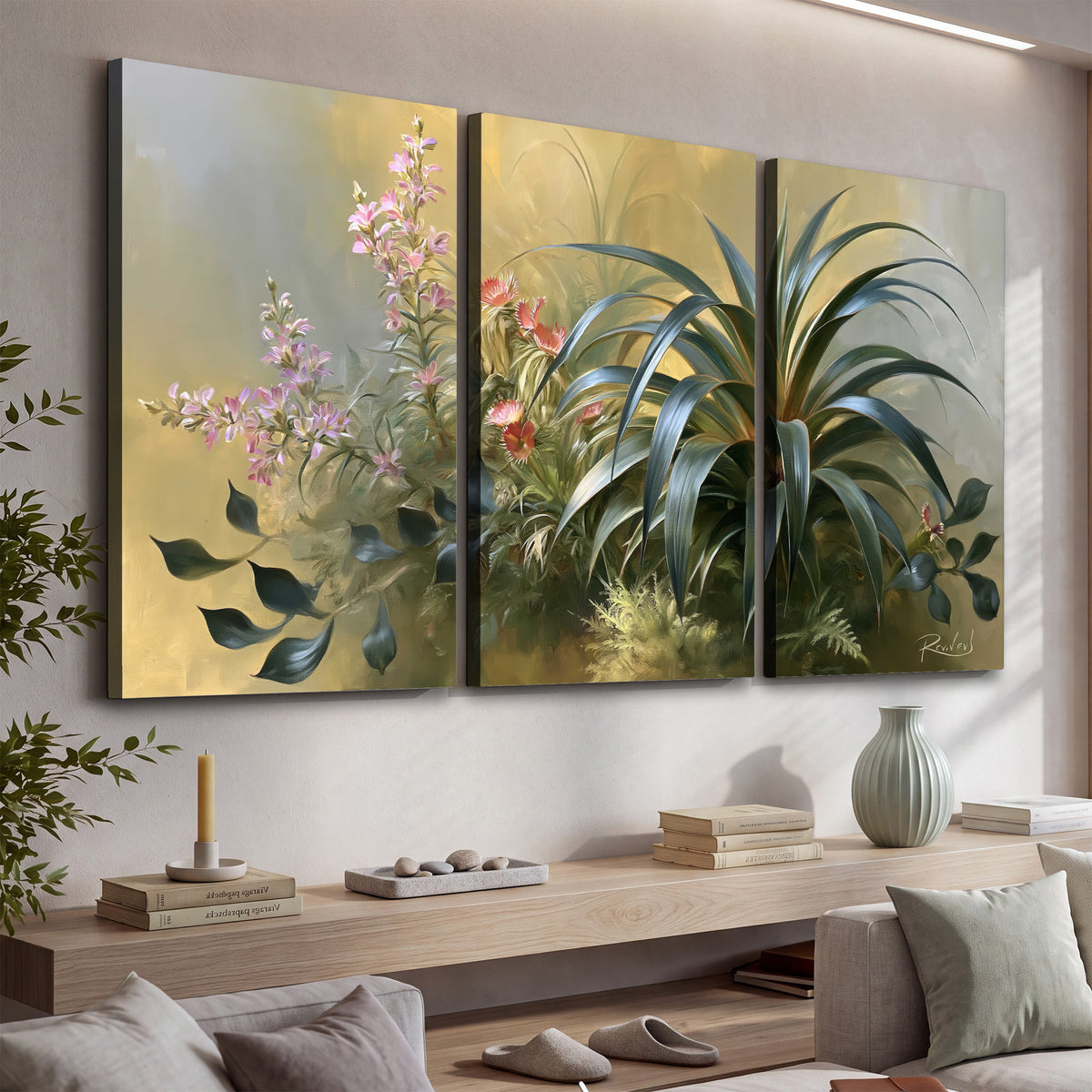 Arching green leaves beside delicate pink garden flowers in soft warm light 3 piece canvas wall art displayed in a console