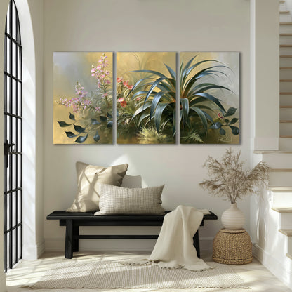 Arching green leaves beside delicate pink garden flowers in soft warm light 3 piece canvas wall art displayed in a entryway