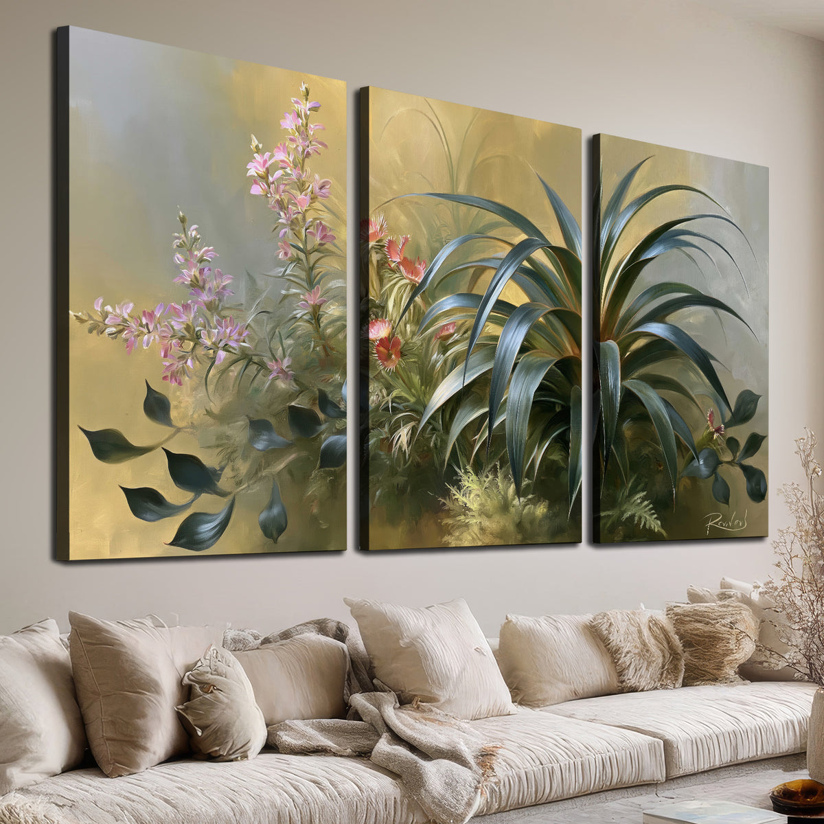 Arching green leaves beside delicate pink garden flowers in soft warm light 3 piece canvas wall art room and product view