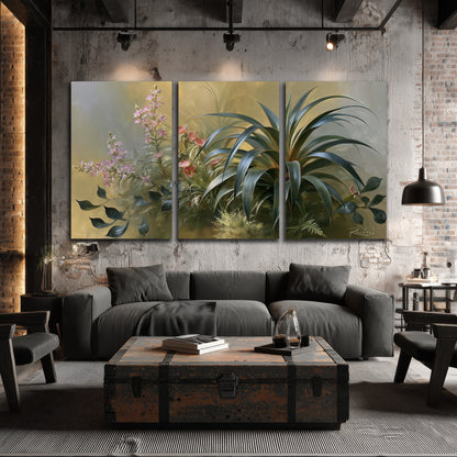 Arching green leaves beside delicate pink garden flowers in soft warm light 3 piece canvas wall art displayed in a industrial room