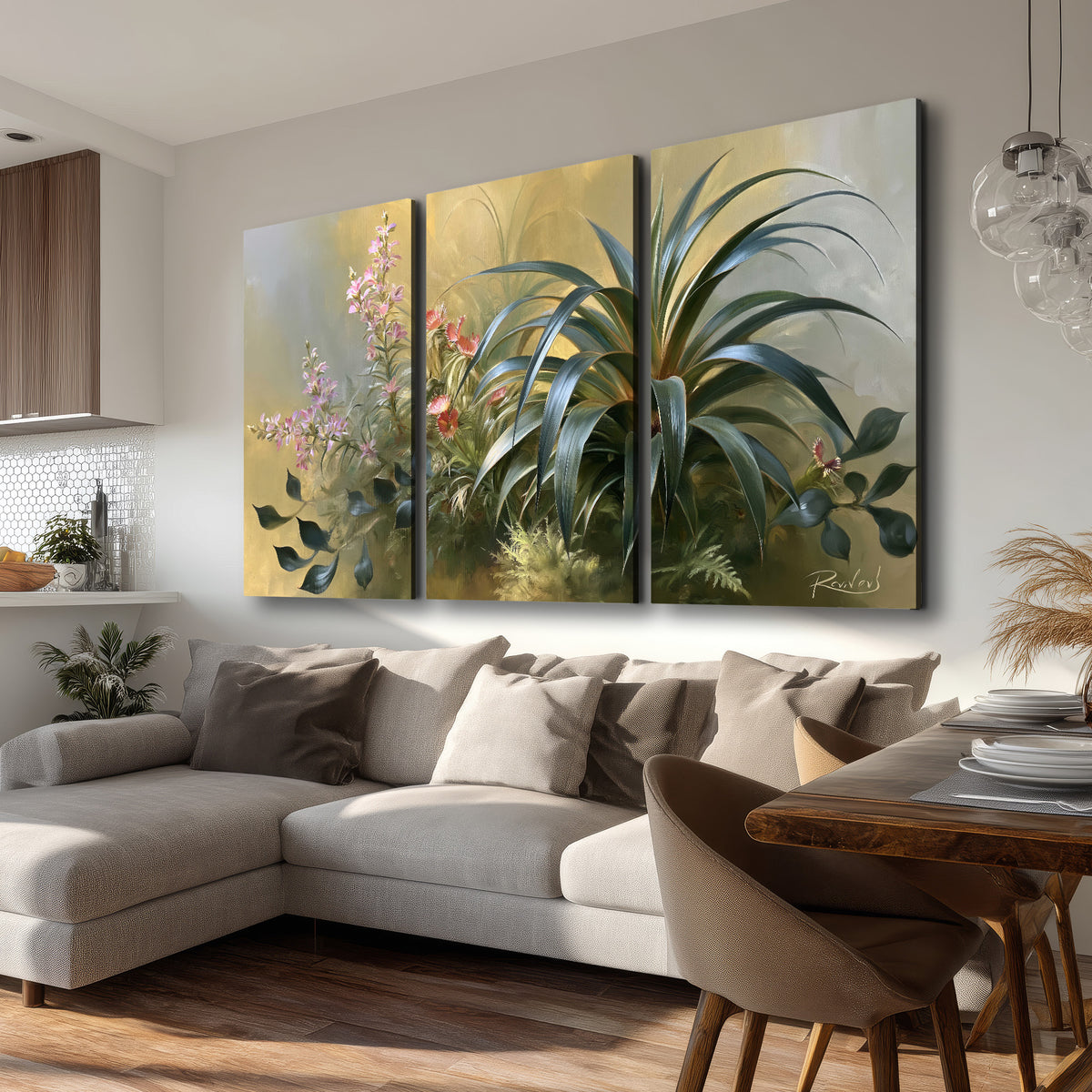 Arching green leaves beside delicate pink garden flowers in soft warm light 3 piece canvas wall art room and product view
