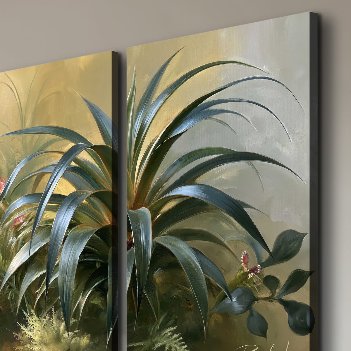 Arching green leaves beside delicate pink garden flowers in soft warm light 3 piece canvas wall art room and product view
