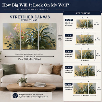 Arching green leaves beside delicate pink garden flowers in soft warm light 3 piece canvas wall art size guide above a sofa; room view is illustrative
