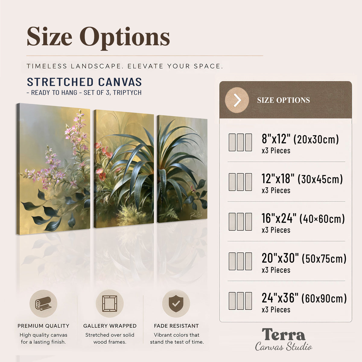 Arching green leaves beside delicate pink garden flowers in soft warm light 3 piece canvas wall art available dimensions; triptych dimensions are per panel