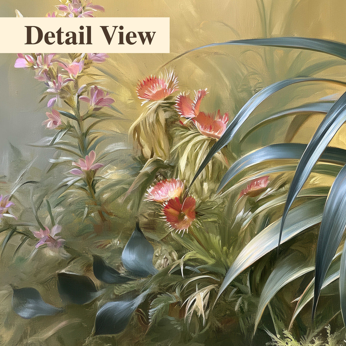 Arching green leaves beside delicate pink garden flowers in soft warm light 3 piece canvas wall art artwork detail close up