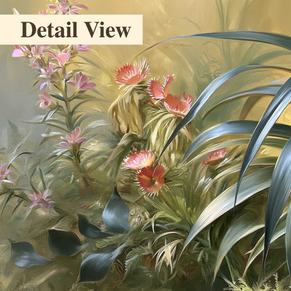 Arching green leaves beside delicate pink garden flowers in soft warm light 3 piece canvas wall art artwork detail close up