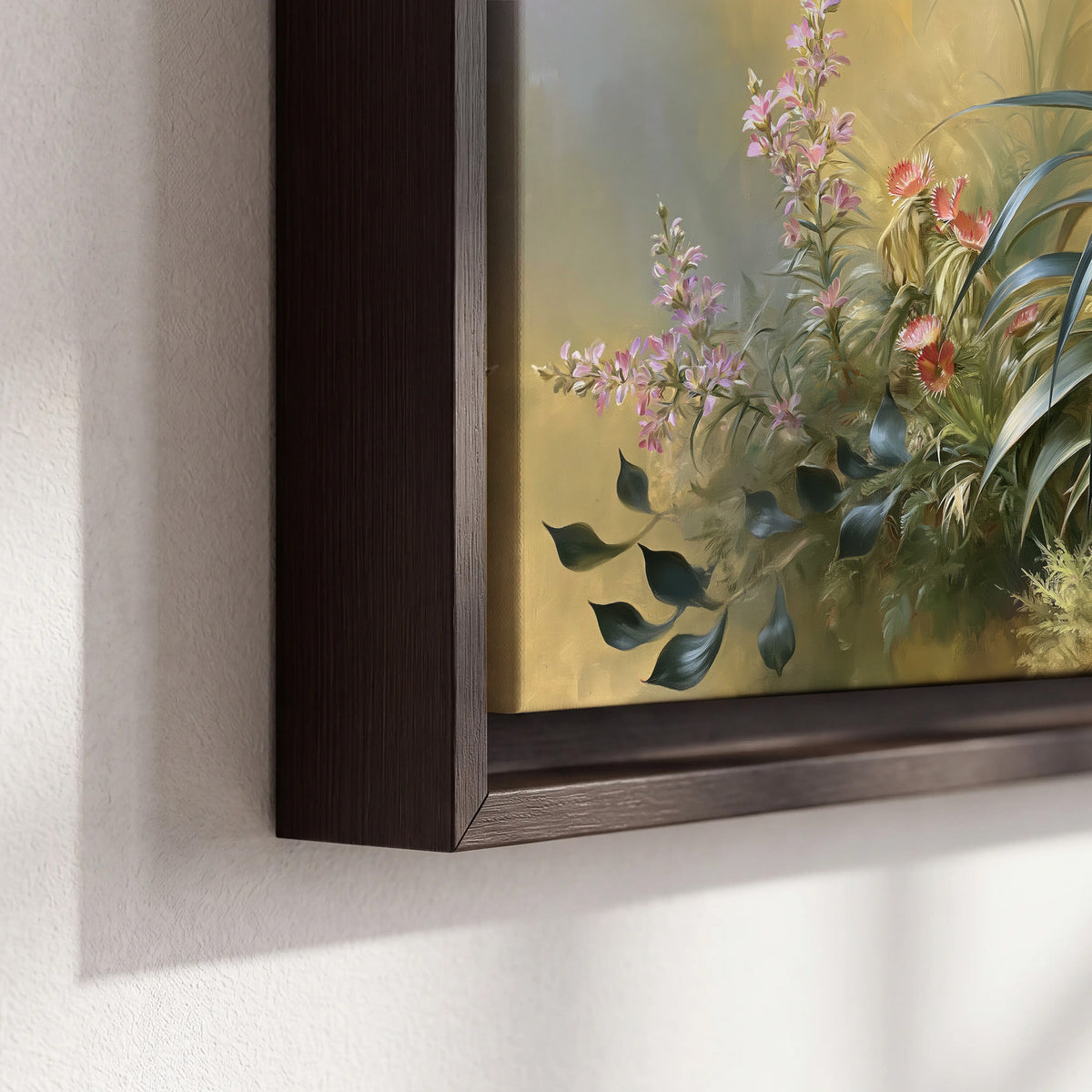 Arching green leaves beside delicate pink garden flowers in soft warm light 3 piece framed canvas wall art material and edge close up