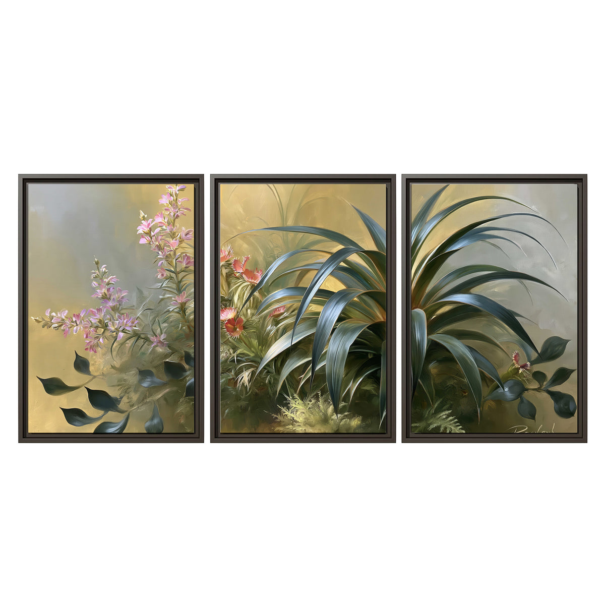 Arching green leaves beside delicate pink garden flowers in soft warm light 3 piece framed canvas wall art viewed straight on