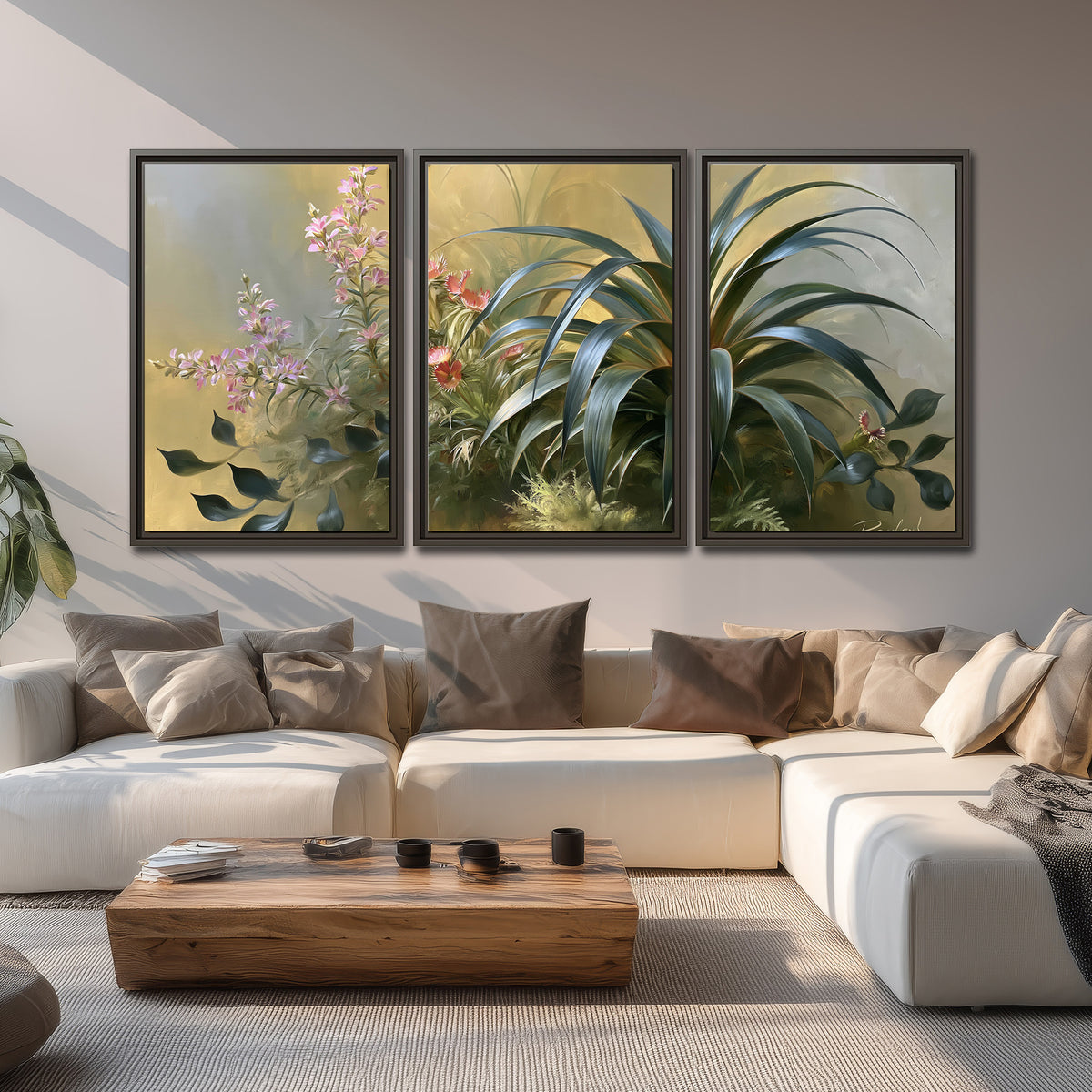 Arching green leaves beside delicate pink garden flowers in soft warm light 3 piece framed canvas wall art displayed in a living room