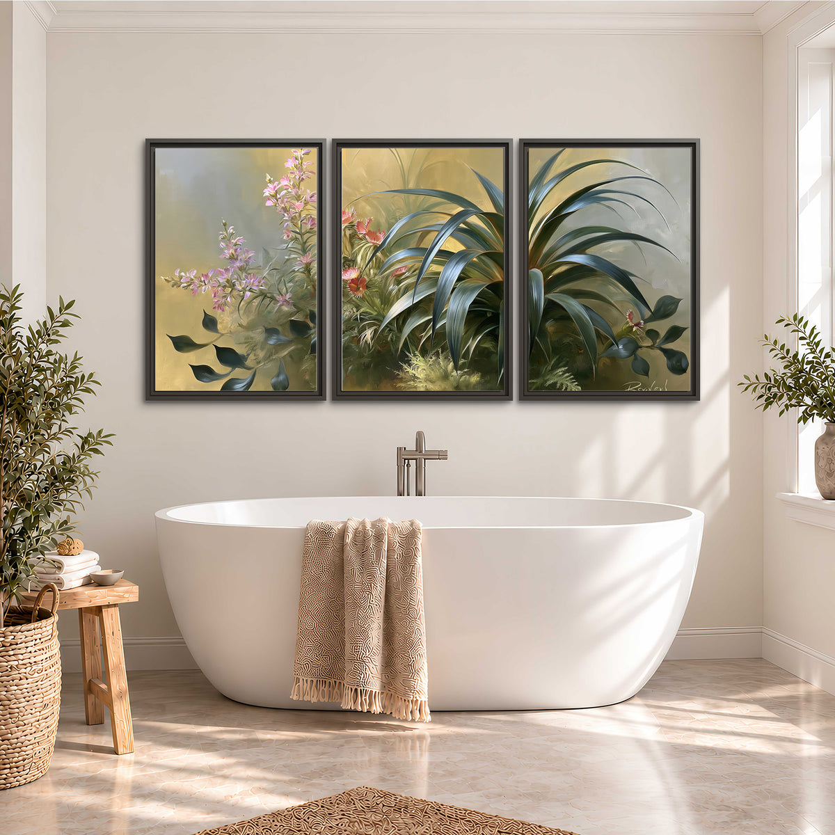 Arching green leaves beside delicate pink garden flowers in soft warm light 3 piece framed canvas wall art styled in an interior
