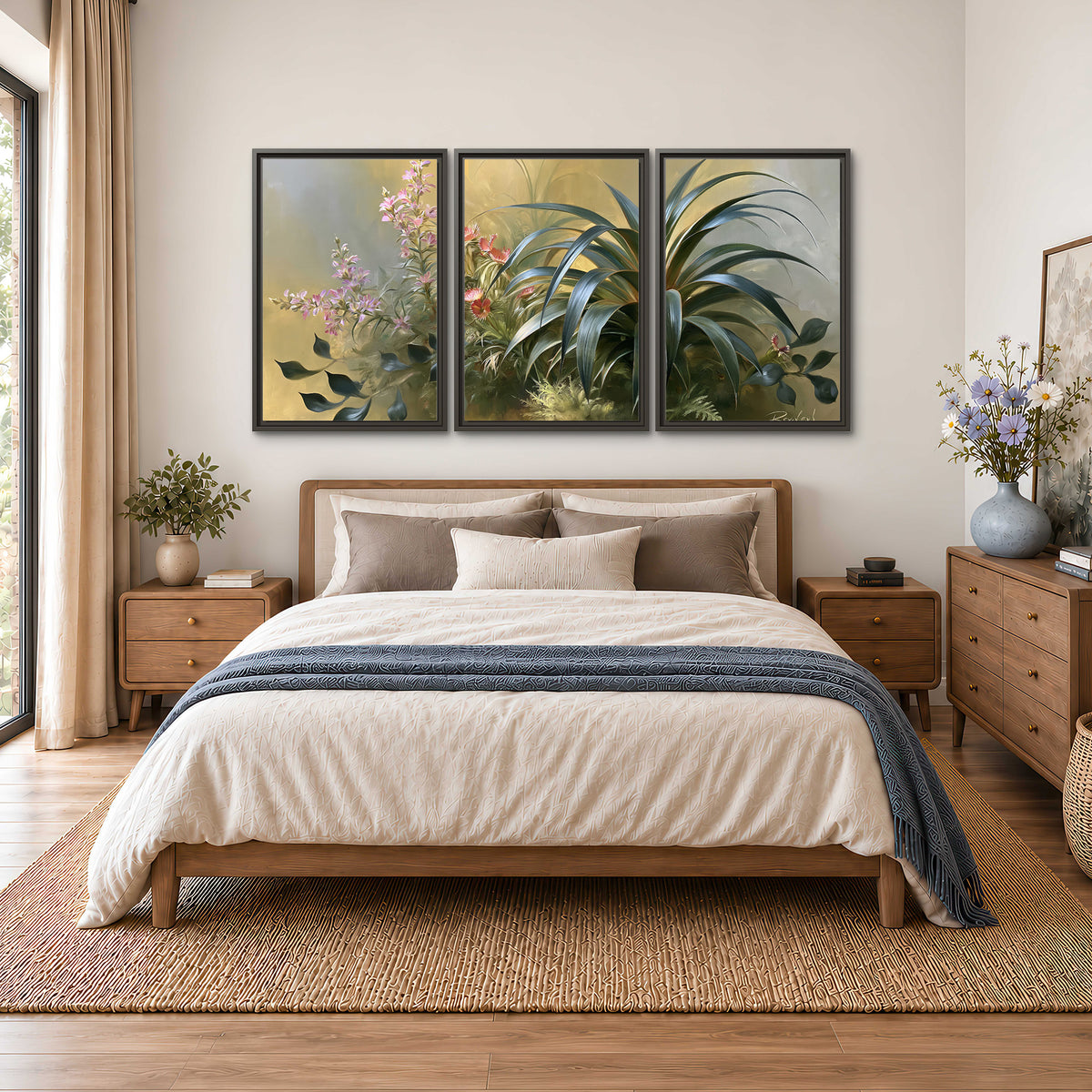 Arching green leaves beside delicate pink garden flowers in soft warm light 3 piece framed canvas wall art styled in an interior