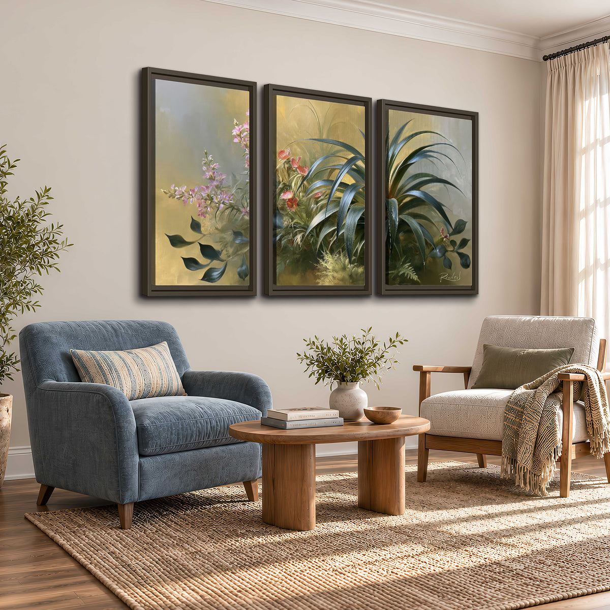 Arching green leaves beside delicate pink garden flowers in soft warm light 3 piece framed canvas wall art styled in an interior
