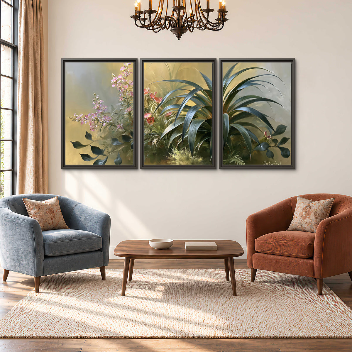 Arching green leaves beside delicate pink garden flowers in soft warm light 3 piece framed canvas wall art styled in an interior