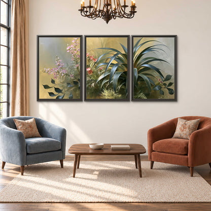 Arching green leaves beside delicate pink garden flowers in soft warm light 3 piece framed canvas wall art styled in an interior