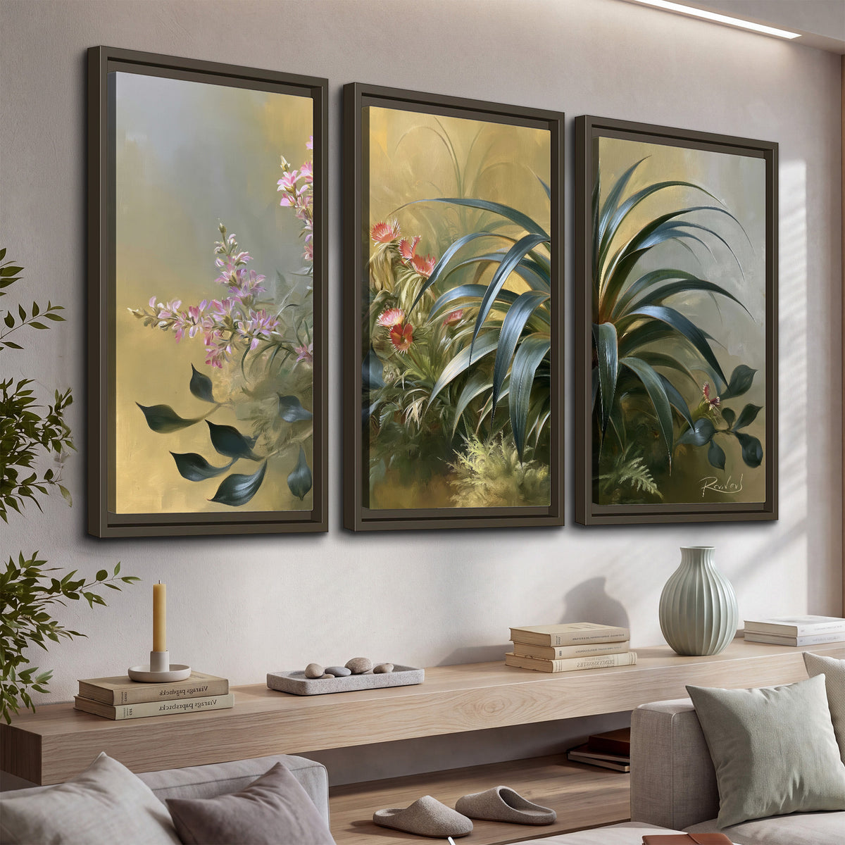 Arching green leaves beside delicate pink garden flowers in soft warm light 3 piece framed canvas wall art displayed in a console
