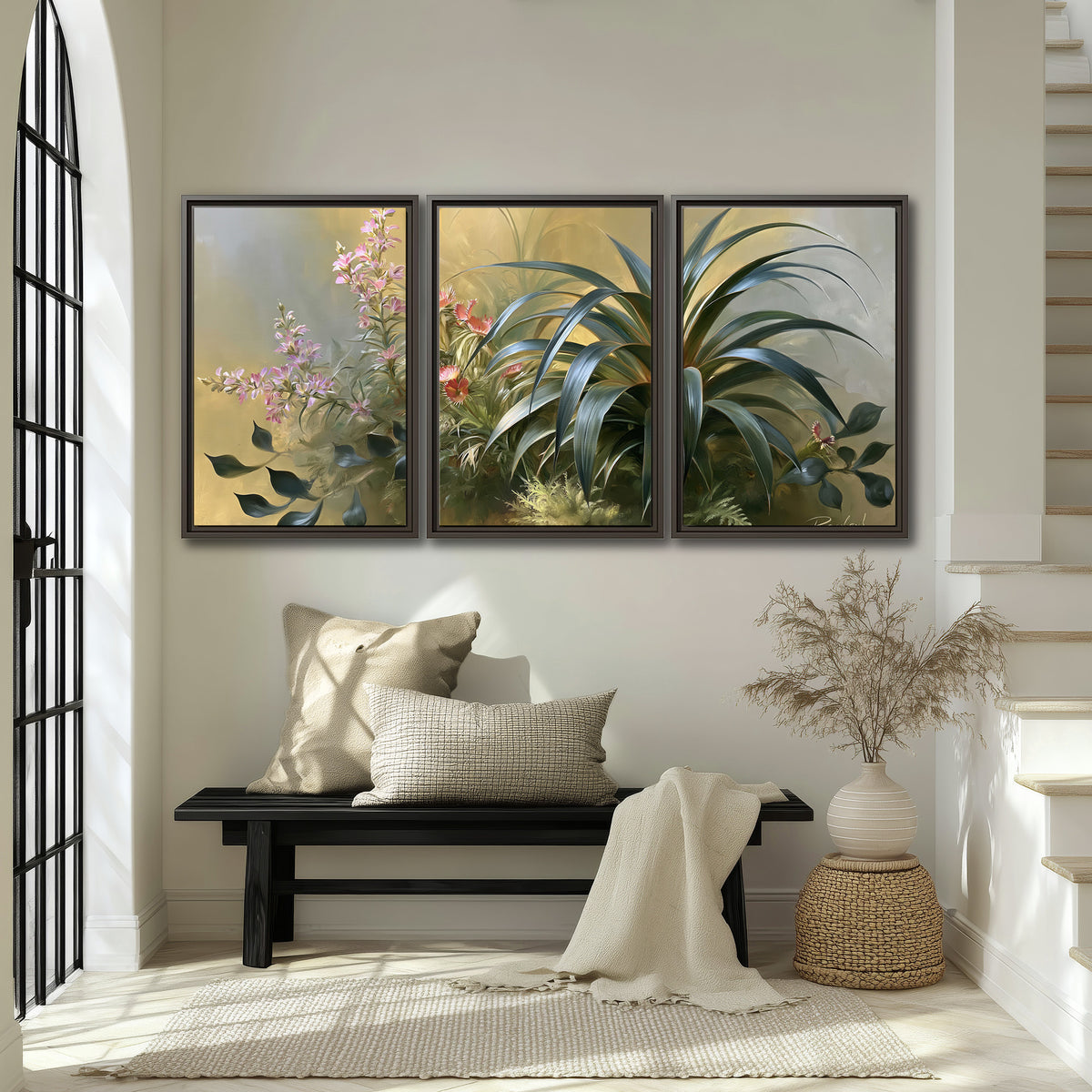 Arching green leaves beside delicate pink garden flowers in soft warm light 3 piece framed canvas wall art displayed in a entryway