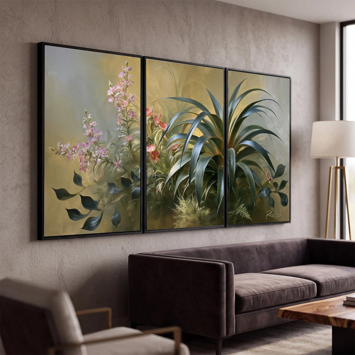 Arching green leaves beside delicate pink garden flowers in soft warm light 3 piece framed canvas wall art displayed in a modern living room