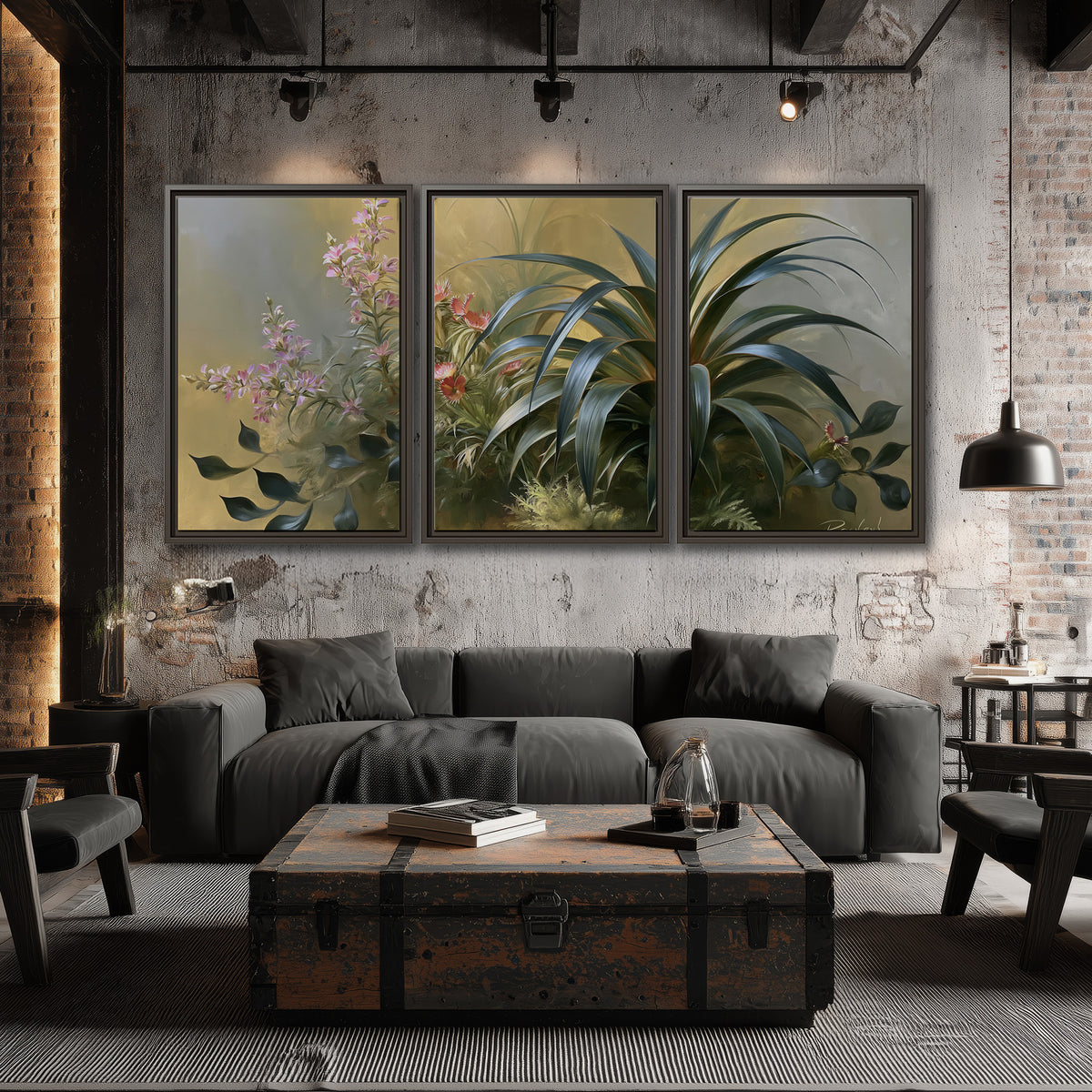 Arching green leaves beside delicate pink garden flowers in soft warm light 3 piece framed canvas wall art displayed in a industrial room